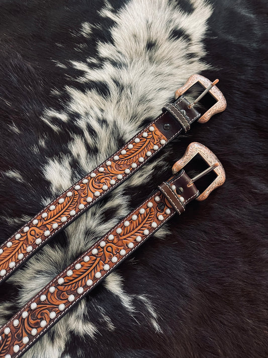Tooled Leather Belt With White Crystals
